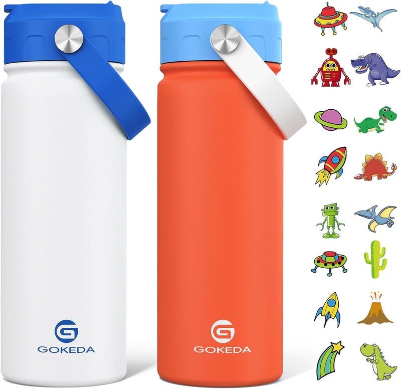 GOKEDA 18oz Kids Water Bottle, 2 Pack Insulated Bottles with Stickers, 18/8 Stainless Steel Vacuum Leak Proof Straw Cup for School, Gifts for Boys Girls(White+Orange) - Image 1